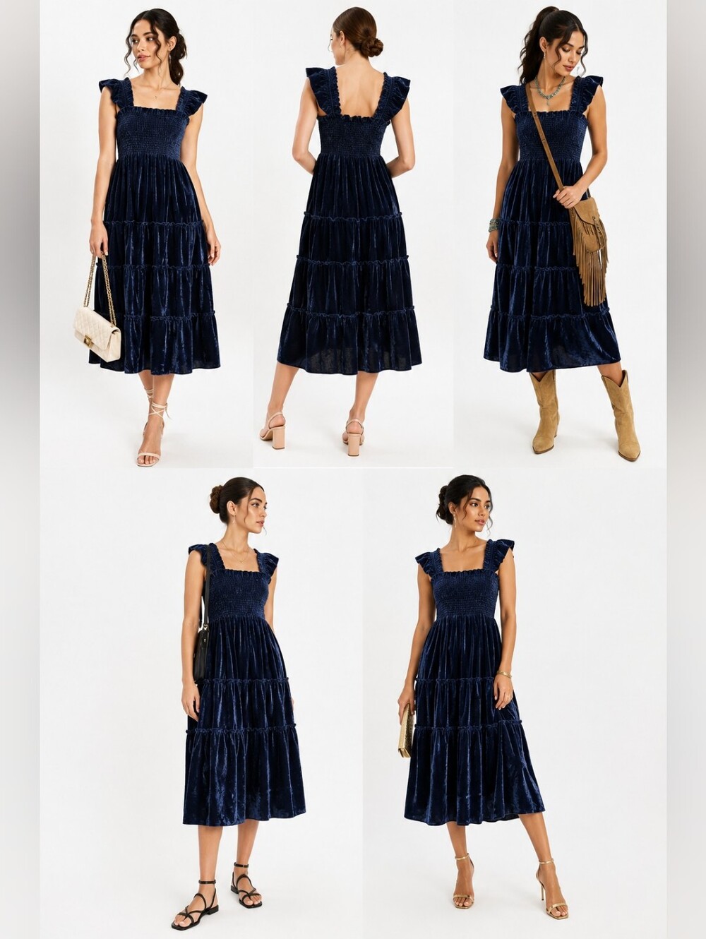 New O.P.T Blue Velvet Smocked Flutter Sleeves Maxi Dress Tiered One Pretty Time